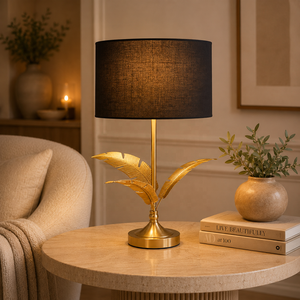 Palm Crest Metal Table Lamp with Decorative Leaf Base Black <b>Drum</b> <b>Shade</b> Brushed Gold Finish Warm Ambient <b>Lighting</b> - Product Image 1