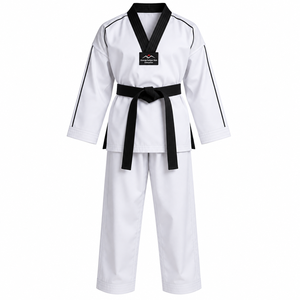 Uniforme de Taekwondo blanc avec ceinture noire et patch logo pour adultes, unisexe, coupe classique, matière coton durable, prix avantageux - Product Image 1