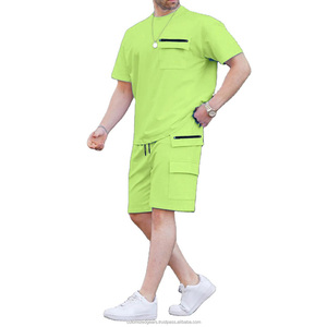 Conjunto de Verano para Hombre, Camiseta de Cuello Redondo y Manga Corta de Color Sólido Informal y Pantalones Cortos con Múltiples Bolsillos, Conjunto de 2 Piezas Moderno para el Día a Día - Product Image 4