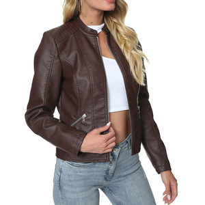 Blouson moto en similicuir marron pour femme, manches longues, fermeture éclair, col montant, vêtement d'extérieur décontracté, coupe courte - Product Image 2
