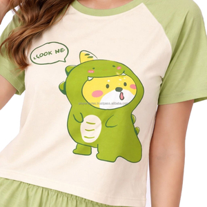 Ensemble de pyjama d'été décontracté en coton à volants vert et jaune pour femme, imprimé dinosaure de dessin animé, 2 pièces - Product Image 4