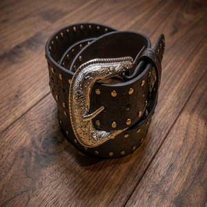 Luxury 3D Design Hand Carving and Rivets <b>Studs</b> Full Grain <b>Men</b> Women Western Leather Tooling <b>Belt</b> for Jeans Designer Brass Buckle - Product Image 1