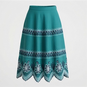 Jupe bohème pour femme, coupe trapèze, longueur genou, avec broderie florale faite à la main, taille élastique, tissu en mousseline - Product Image 1