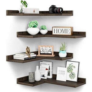 Mango Wood <b>Floating</b> <b>Corner</b> <b>Shelves</b> Double Tier Minimalist Living Room Storage | Handcrafted India Dark Gray Wholesale - Product Image 3