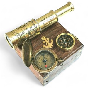 Antique Vintage Brass Compass & <b>Chrome</b> Nautical Telescope Set with Wooden <b>Box</b> Steampunk Marine Gift Wholesale OEM - Product Image 2