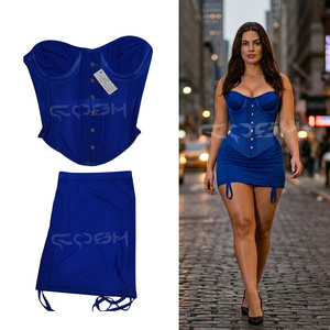 Corsé de malla elástica azul real con aros de acero y copas con aros, con falda a juego - Product Image 5