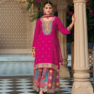 ชุดสูทพลัซโซสำเร็จรูปสำหรับผู้หญิง ผ้าชีฟองปักลายพรีเมียม ดีไซน์ทันสมัย (ฟรีไซส์) สำหรับงานแต่งงาน งานปาร์ตี้ และงานดิวาลี - Product Image 1