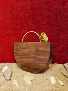 Luxury Wooden Clutch Handbag with Brass Floral Handle Designer Evening <b>Party</b> Wedding Semi Circle Hard Case <b>Bag</b> - Product Image 4