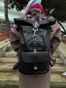 Premium Genuine Leather Roll-Top <b>Backpack</b> for Men Vintage Brown All Size With Custom Zipper Pockets Leather Roll-Top <b>Backpack</b> - Product Image 5