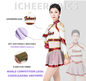 Uniforme de cheerleading avec logo en strass blanc, rouge et or sur le devant, haut à manches longues et jupe, tenue d'équipe pour adultes - Product Image 5