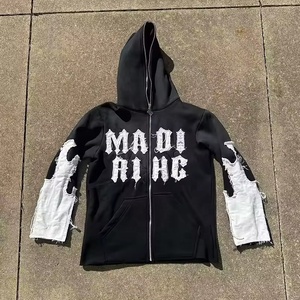 Sudadera con capucha para hombre de felpa francesa con cremallera completa, con logo personalizado, bajo sin rematar, corta, con parches desgastados y lavado ácido - Product Image 5