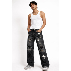 High Quality Custom <b>Design</b> Distressed Cross Patch Denim <b>Jeans</b> <b>Men</b> Stretch <b>Baggy</b> Trousers Fashion Straight Ripped <b>Jeans</b> <b>Men</b> - Product Image 3