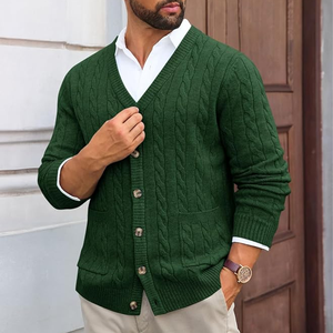 Cardigan en laine verte pour homme, col en V, manches longues, tricot épais, fermeture boutonnée, vêtement d'automne - Product Image 1