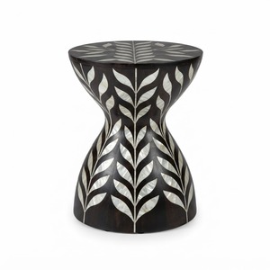 Tabouret de luxe personnalisé fait main en os incrusté, forme sablier, vente en gros, mobilier en os incrusté, motif feuille, accent en résine noire incrustée - Product Image 1