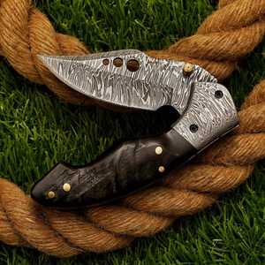 Damascus Steel Folding Pocket <b>Knife</b> – Stag Horn <b>Bone</b> <b>Handle</b>, Damascus Bolster Brass Pin on <b>handle</b> with Leather Sheath - Product Image 4