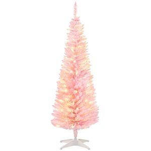 5ft Slim Artificial Christmas Tree with Realistic Pink <b>Branches</b> and Warm White LED <b>Lights</b> Pencil Tree Decor - Product Image 1