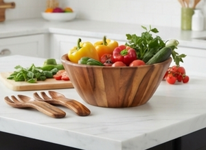 Ensemble de saladiers en bois de qualité supérieure avec cuillère et fourchette de service, design minimaliste, réutilisable, passe au lave-vaisselle, forme ronde, pour un usage quotidien - Product Image 5