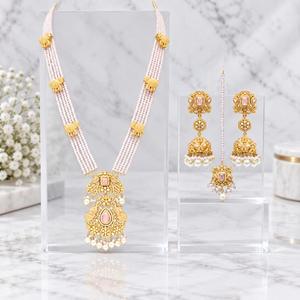 <b>Gold</b> Plated Pink Rani Haar Necklace <b>Set</b> with Jhumka Earrings and Maang Tikka Pakistani Bridal Jewelry Wholesale Manufacturer - Product Image 4