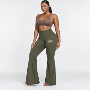High Waist Flared Leg <b>Yoga</b> <b>Pants</b> Solid Color <b>Plus</b> <b>Size</b> Women Activewear Elastic Waist Full Length With Logo Print Right Leg - Product Image 4