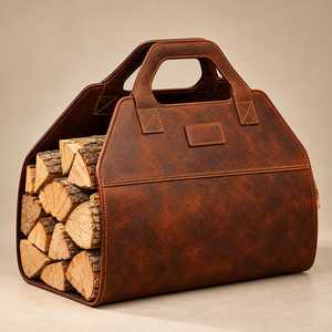 Sac de transport robuste en cuir véritable et bois, fait main, pour bûches, sac de transport pour bois de chauffage, porte-bûches rustique LWC-0006 - Product Image 1