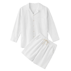 Ensemble de vêtements de nuit en lin pour homme, chemise de pyjama à manches longues boutonnée et short à cordon de serrage, respirant, décontracté, vêtements de maison - Product Image 6