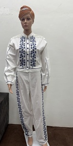 Women's <b>White</b> Two-<b>Piece</b> Long <b>Set</b> Blue O-Neck Sleeveless Casual Wear 100% Cotton Chiffon Breathable Regular Fit - Product Image 6