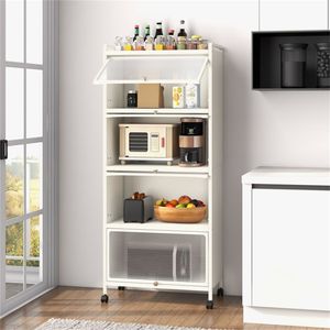 Carrello Porta Microonde a 5 Ripiani Bianco con Porte Antipolvere Ribaltabili, 4 Ruote e Freni, Scaffale per Cucina - Product Image 5