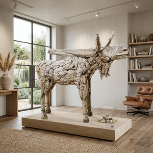 Handcrafted <b>wooden</b> moose bull head up sculpture <b>rustic</b> teak driftwood animal statue antlers floor decoration space unit layout - Product Image 4