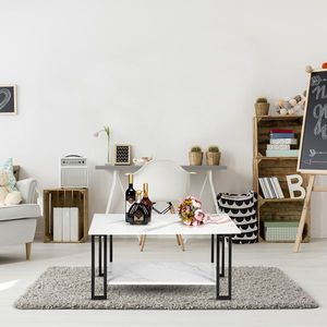 Tavolino da Caffè Rettangolare in MDF Effetto Marmo, 100 cm, con Base in Ferro, 2 Ripiani, Spessore 3,8 cm, per Sala da Pranzo o Caffetteria, Materiale Metallico Resistente - Product Image 1
