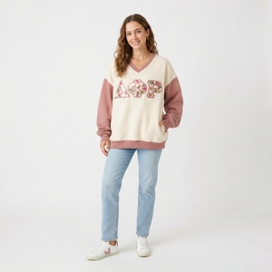 Sudadera Azul con Cuello en V para Mujer, con Letras OKA Bordadas con Flores, Manga Larga, Tejido de Punto de Algodón, para Otoño - Product Image 3