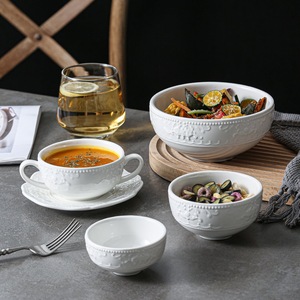 White ceramic Dinnerware <b>Sets</b> with Embossed blooming flower Pattern and wavy edges smooth Underglaze texture restaurants homes - Product Image 1