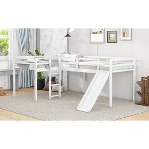 Letto a soppalco a forma di L bianco, singolo, con scaletta e scivolo, mobili per bambini - Product Image 4