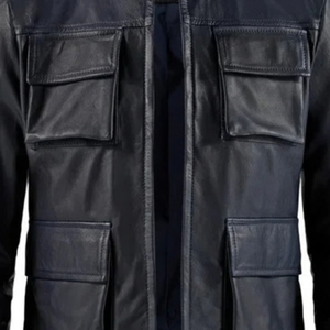 Mens Black Genuine Leather Streetwear Jacket Four Flap Pockets Shoulder Epaulets Stand Collar <b>Zip</b> Front Premium Custom Outerwear - Product Image 5