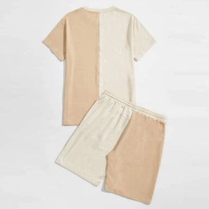 Ensemble décontracté deux tons pour homme : T-shirt et short en coton respirant, style patchwork, coupe oversize, idéal pour l'été et le streetwear - Product Image 5