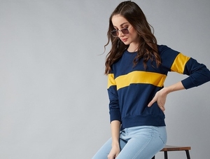 Sweat-shirt à col rond pour femme, bleu marine et jaune, à blocs de couleur, manches longues, tricoté, décontracté, respirant, pour l'automne - Product Image 2