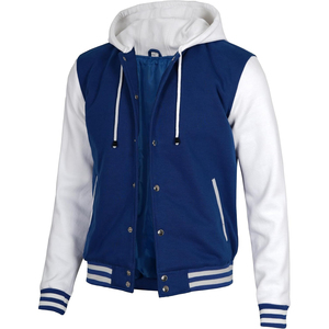 <b>Men's</b> Royal Blue Varsity <b>Jacket</b> Hooded Button Closure <b>White</b> Sleeve Solid Color Casual Style Autumn Wear Regular Fit Satin Lining - Product Image 3