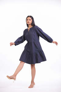 Vestido de Algodón para Mujer, Estilo Casual, Holgado, Manga Larga, Mini Vestido, Color Sólido, Cuello Fruncido - Product Image 2