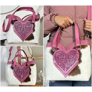 Sac fourre-tout tendance en cuir de vachette repoussé en forme de cœur rose pour femme, sac à main de luxe fait main avec poignée supérieure et bandoulière - Product Image 1