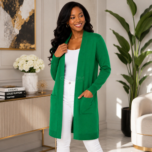 Cardigan long en acrylique vert pour femme, style décontracté, col en V, avec poches, ouverture sur le devant, de la sororité Cosh International. - Product Image 4