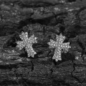 RB Gems Iced Out Curved Cross Stud Earrings 14K White Gold Lab Grown Diamonds Hip Hop Micro Pave Clusters - Product Image 5