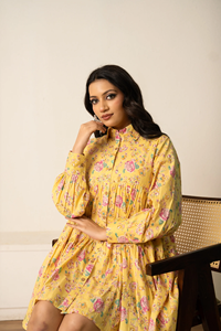 Vestido de Verano de Algodón con Estampado Floral Amarillo para Mujer |   Camiseta de Diseño Ligera, Transpirable y Casual de Manga Larga |   Ropa de Calidad de Exportación - Product Image 2