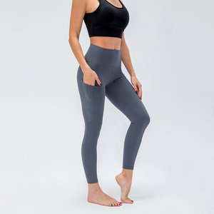 <b>Women</b> High Waist Solid Yoga <b>Leggings</b> Full Length Spandex Polyester Four-Way Stretch <b>Compression</b> Elastic Waist Pockets Sports - Product Image 3