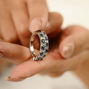 18K Gold Natural Cluster Sapphire and <b>Diamond</b> Half Eternity Wedding Band for Women - Product Image 1