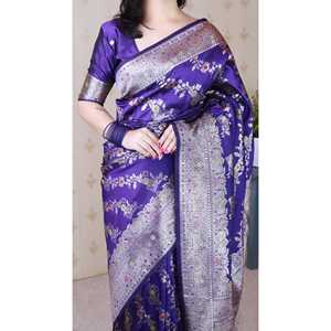 Sari y Blusas de Seda Suave Violeta de la Marca Elite Weaves, Tejido Banarasi Jaal Meenakari con Zari, 650g - Product Image 5