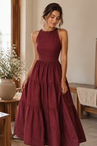 Robe longue de soirée en coton tissé de couleur rouge vin, style bohème, avec bretelles spaghetti, silhouette robe de bal, pour femme, qualité OEM supérieure - Product Image 6