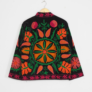 Women Velvet Embroidered <b>Jacket</b> Mandarin Collar Lantern Sleeve Floral Boho Style Autumn Coat Handmade Suzani <b>Pattern</b> - Product Image 3