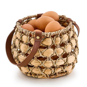 Handwoven Seagrass Storage <b>Basket</b> With Leather Handle Wicker Organizer Bin For Eggs Fruits Kitchen Storage Decor - Product Image 1