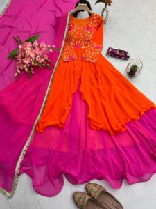 Robe de soirée en soie fantaisie pour femme avec dupatta, idéale pour les mariages et les fêtes, à prix abordable, robe ethnique Anarkali. - Product Image 4