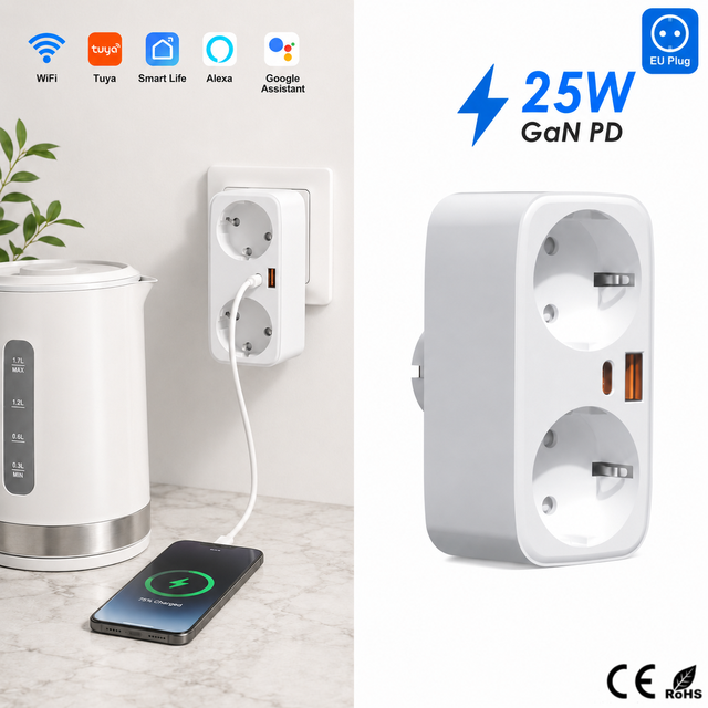 YDD Alexa Google Home Tuya WiFi 16A 3520W GaN Fast Charging Dual Smart Socket with 2 Outlets for Wholesale Supply Chain