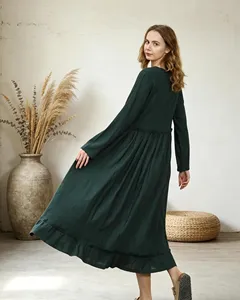 Vestido Midi de Lino y Algodón Verde de Lujo con Cuello Redondo y Manga Larga, Estilo Bohemio, Corte Holgado, para Uso Diario Informal de Verano - Product Image 2